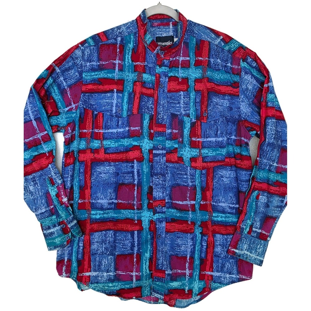 Vintage Wrangler Men's Brushpopper Shirt Blue Red Aztec Geometric 80s‎ 90s Large